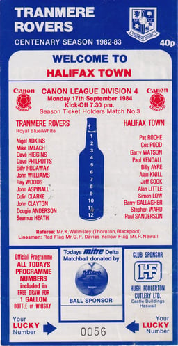 Tranmere Rovers v Halifax Town Match Programme 1984-09-17
